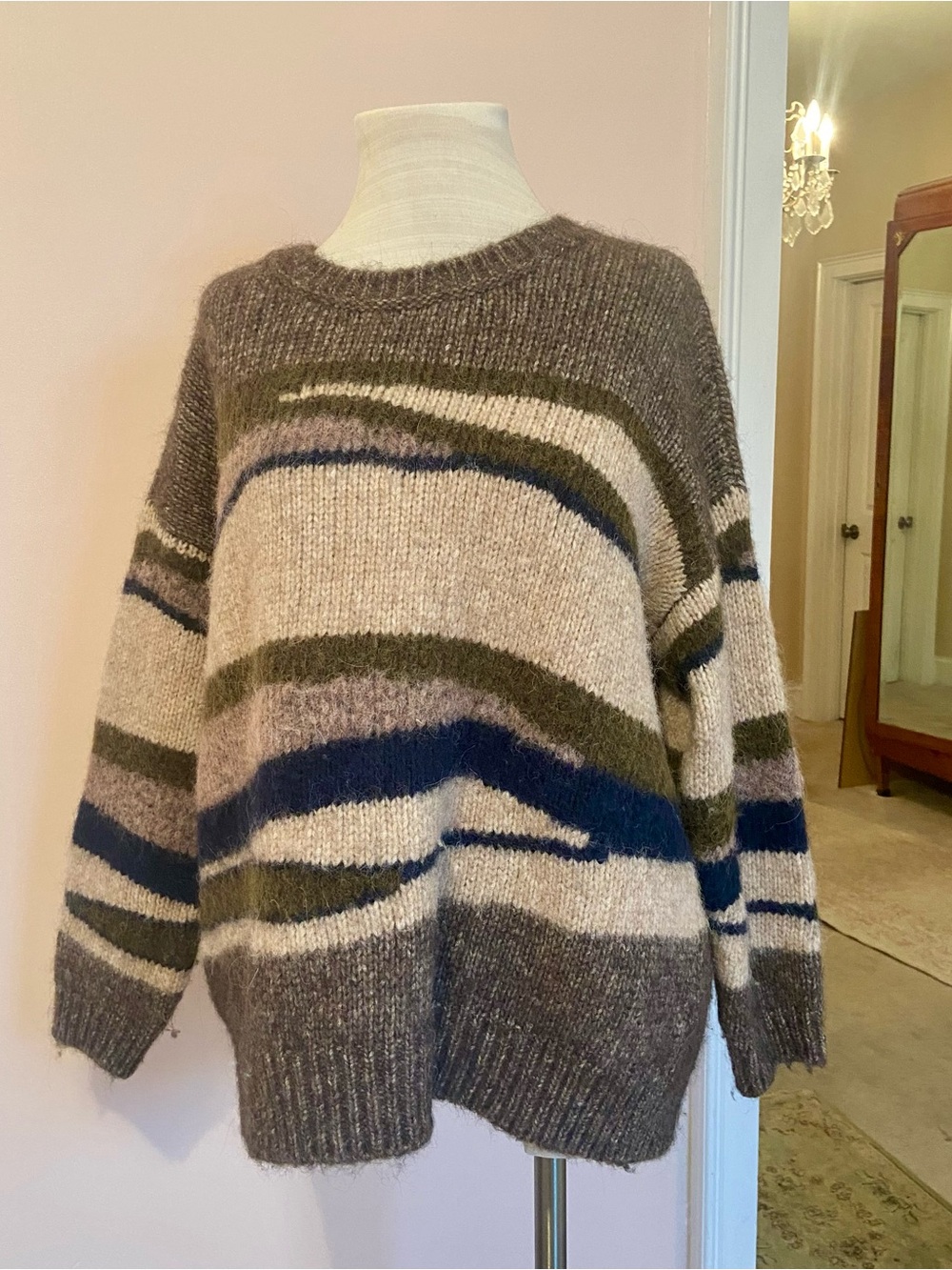 Closed Designer Wool and Mohair Quality Crewneck Sweater in Taupe, Olive & Navy